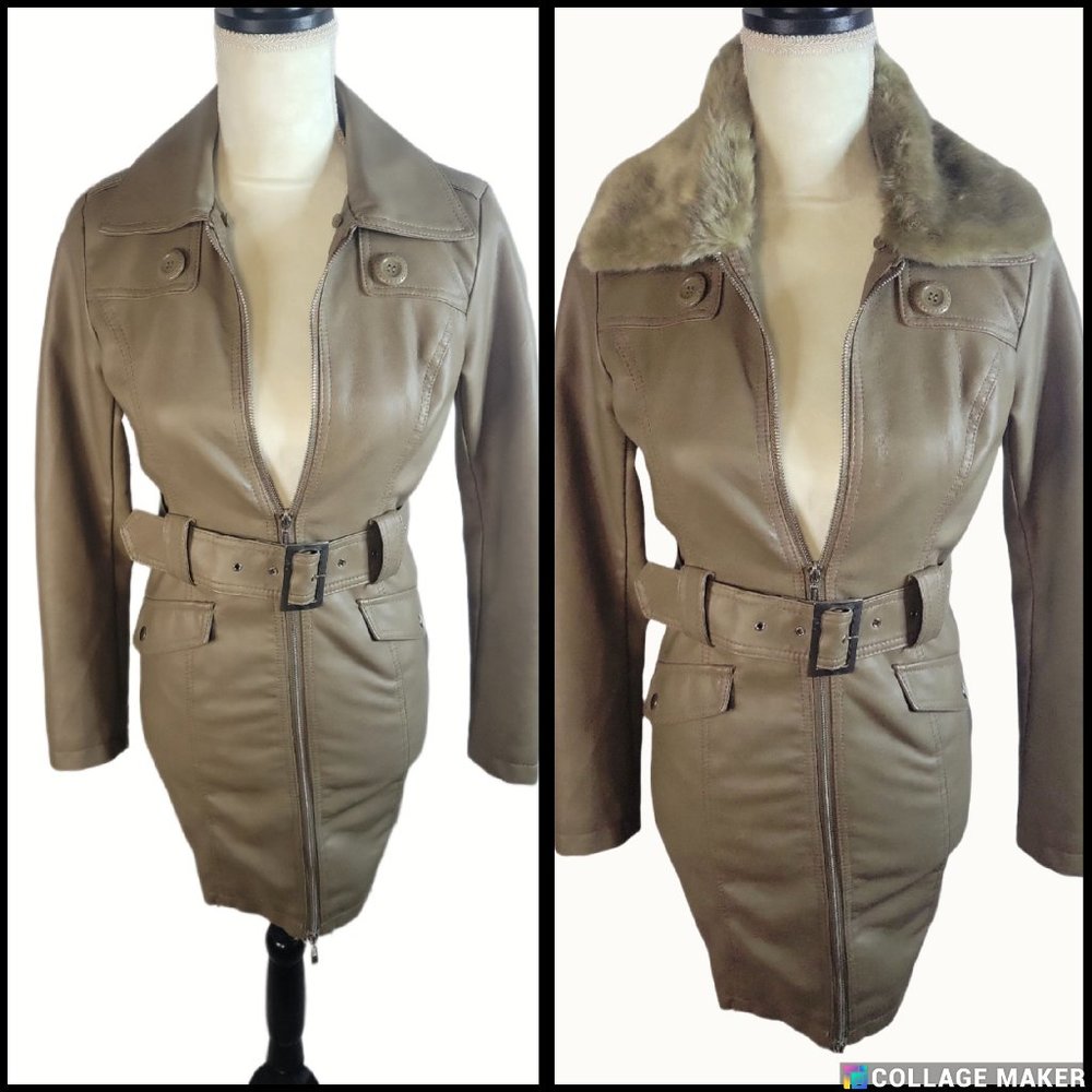 NWOT Women's Calini Faux Leather Coat w/ Detachable Faux Fur Collar